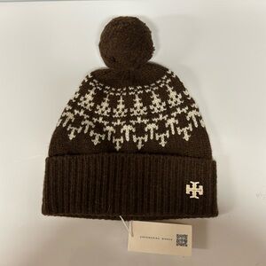 Tory Burch Merino Fair Isle Hat Beanie Dark Roast Color NWT